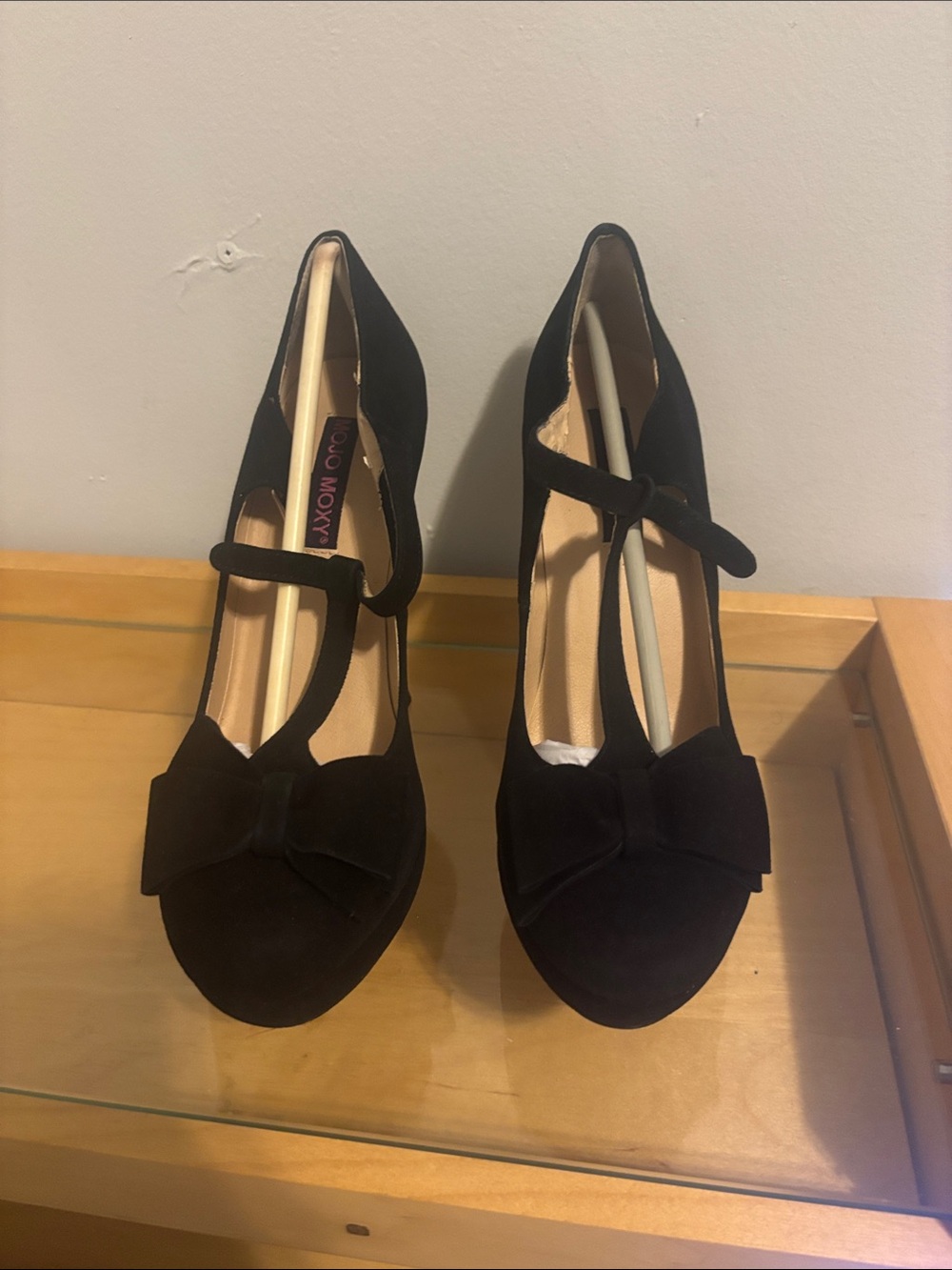 Mojo Moxy Black T-Strap Bow Heels